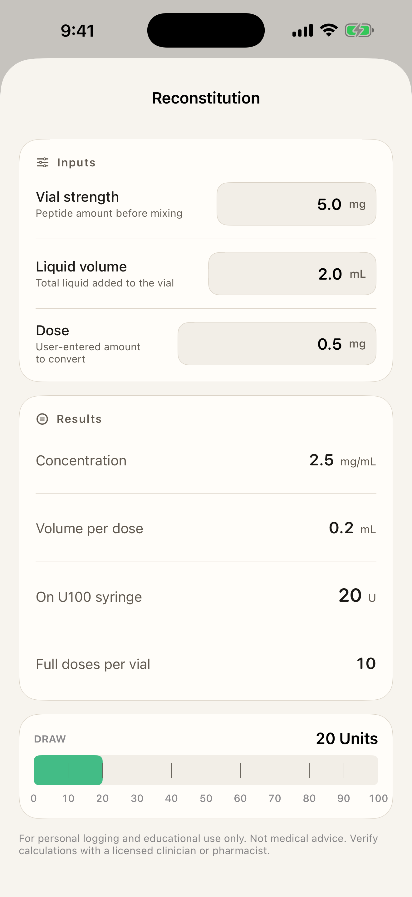 Aliquot Reconstitution screen showing user-entered values and calculated outputs