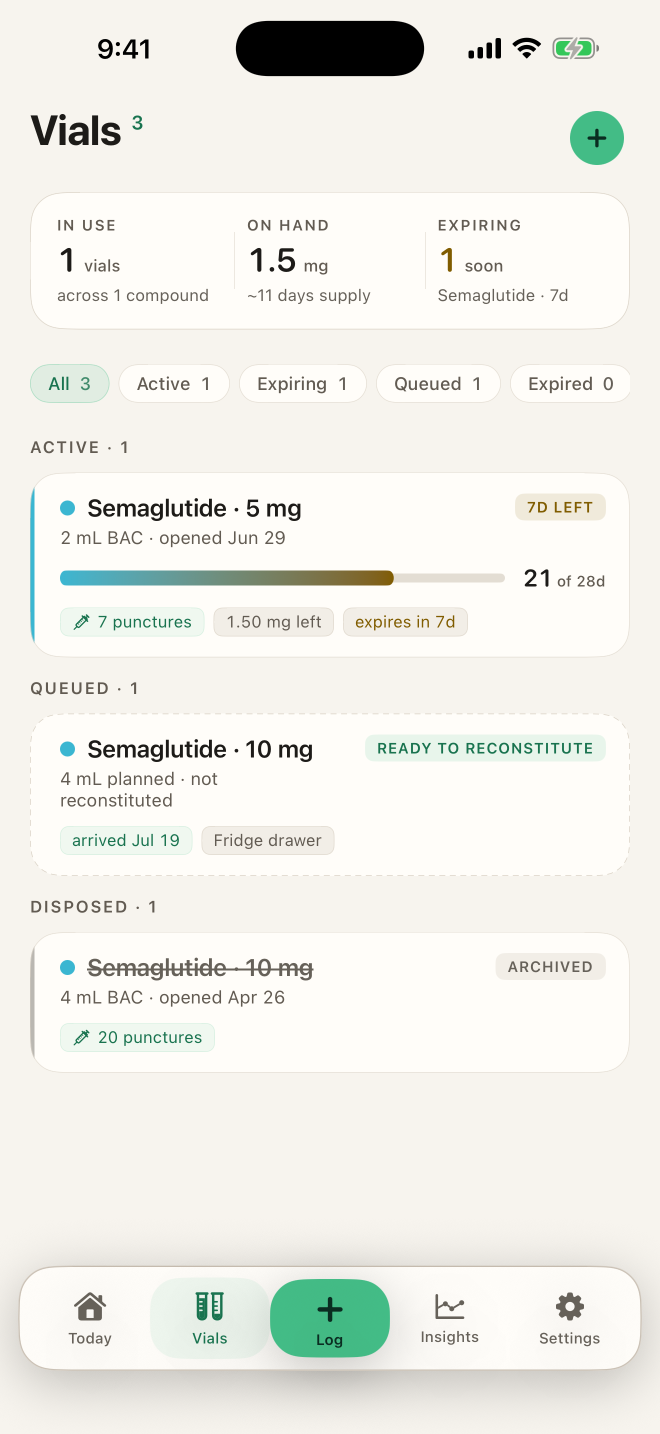 Aliquot Vials screen showing active, queued, and archived vial lifecycle details
